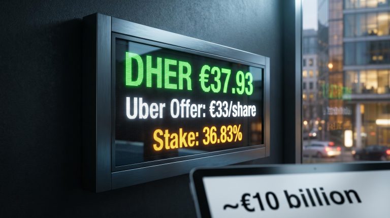 Frankfurt trading board showing Uber's €33/share Delivery Hero bid against market price of €37.93 and 36.83% stake