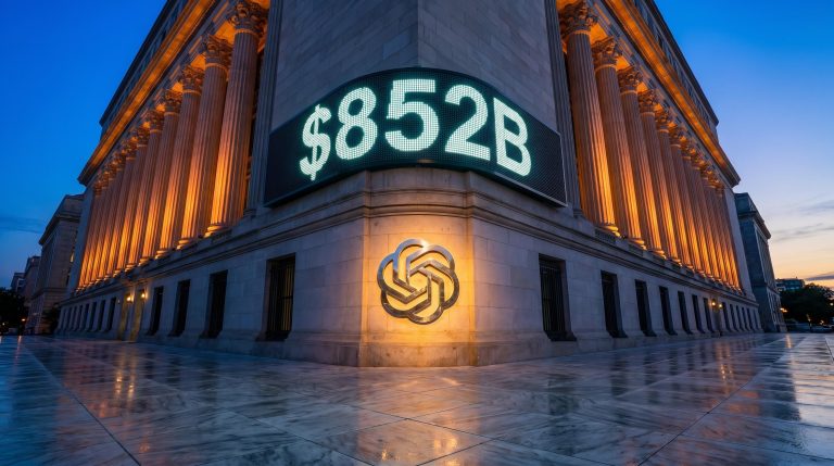 OpenAI IPO $852 billion valuation displayed on illuminated exchange building facade at dusk
