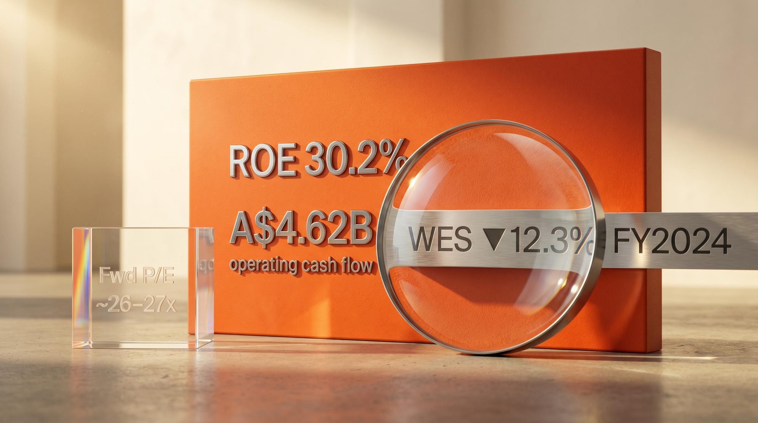 Magnifying glass over Bunnings-orange slab engraved with WES ROE 30.2% and A$4.62B cash flow — WES shares analysis