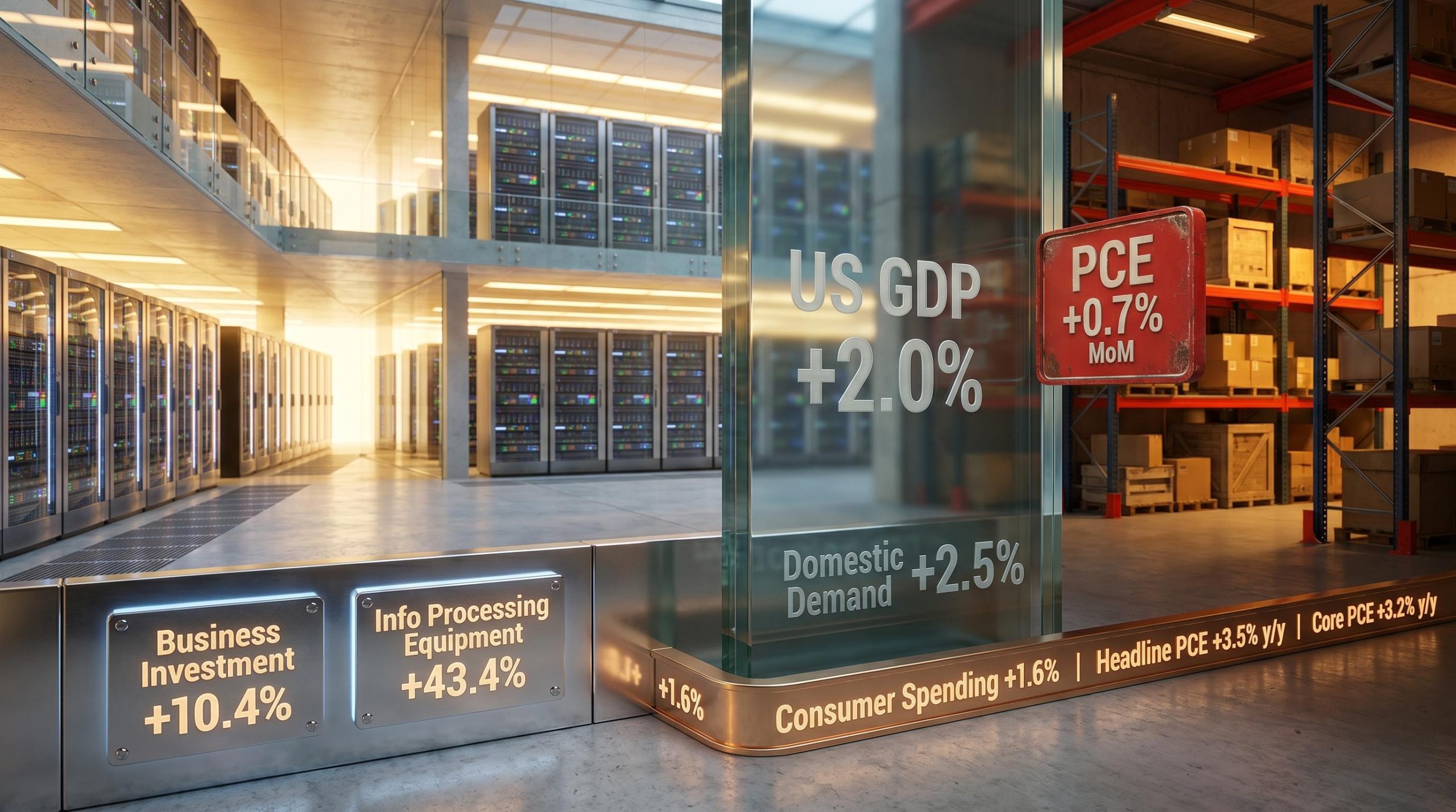 US economic growth split: AI capex boom at 10.4% vs 2.0% GDP headline with PCE inflation data rendered on-scene