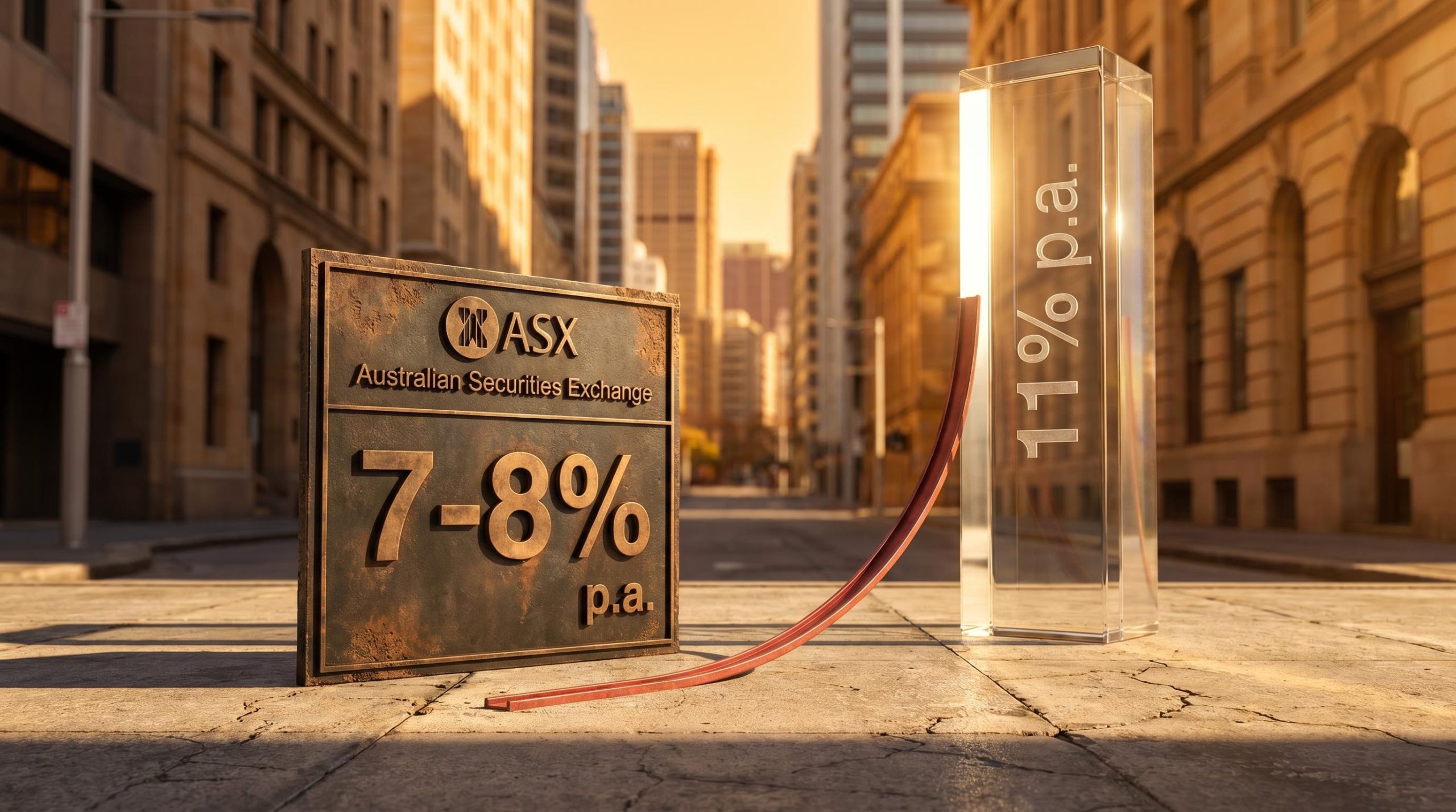 ASX 200 index board beside taller global equities pillar showing 3-4% annual performance gap for Australian investors