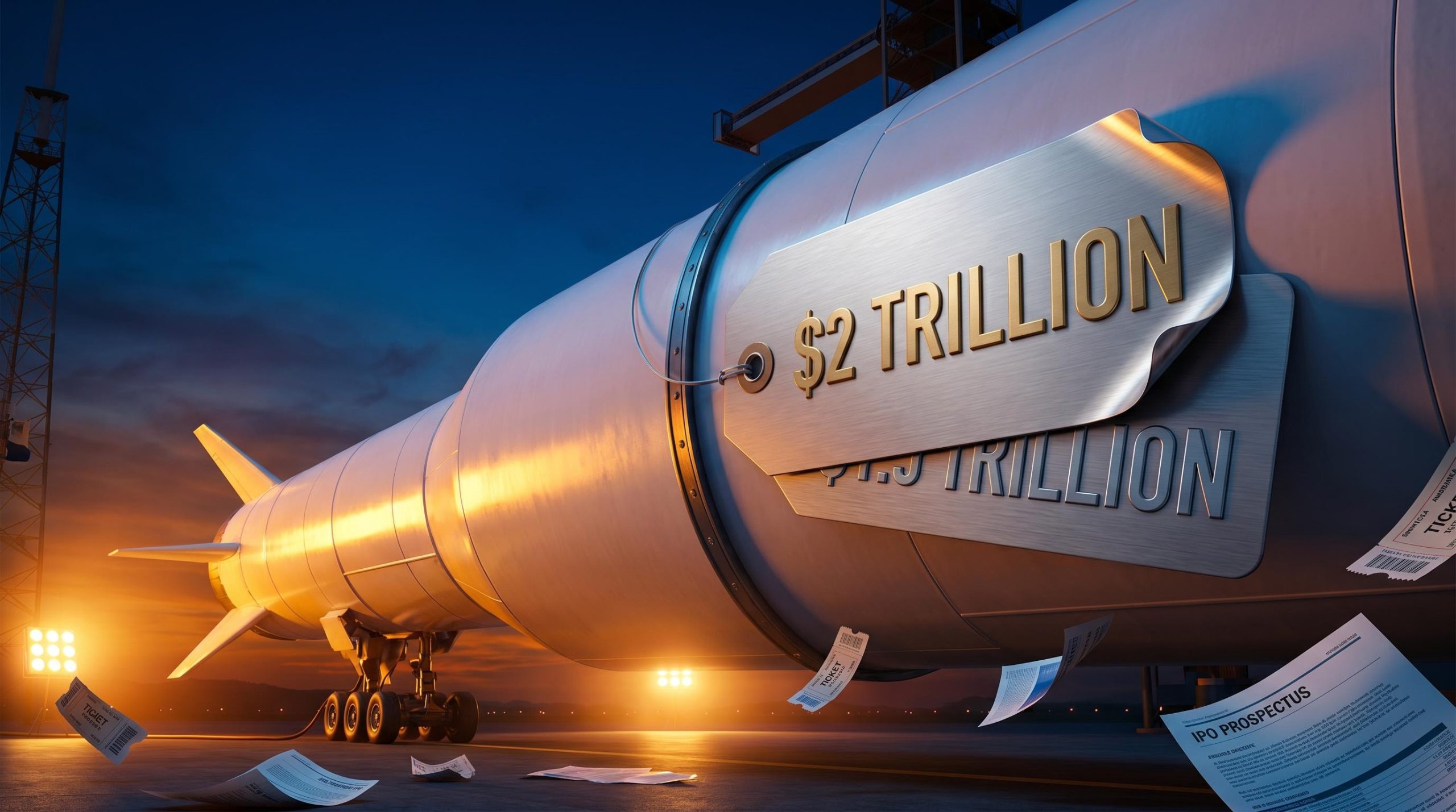SpaceX rocket on launch pad with $2 trillion price tag peeling to reveal $1.5 trillion — IPO investing valuation gap