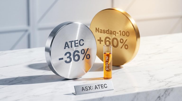 ATEC ETF chrome disc engraved -36% beside a gold Nasdaq-100 disc showing 60%, with $193.7M inflow cylinder