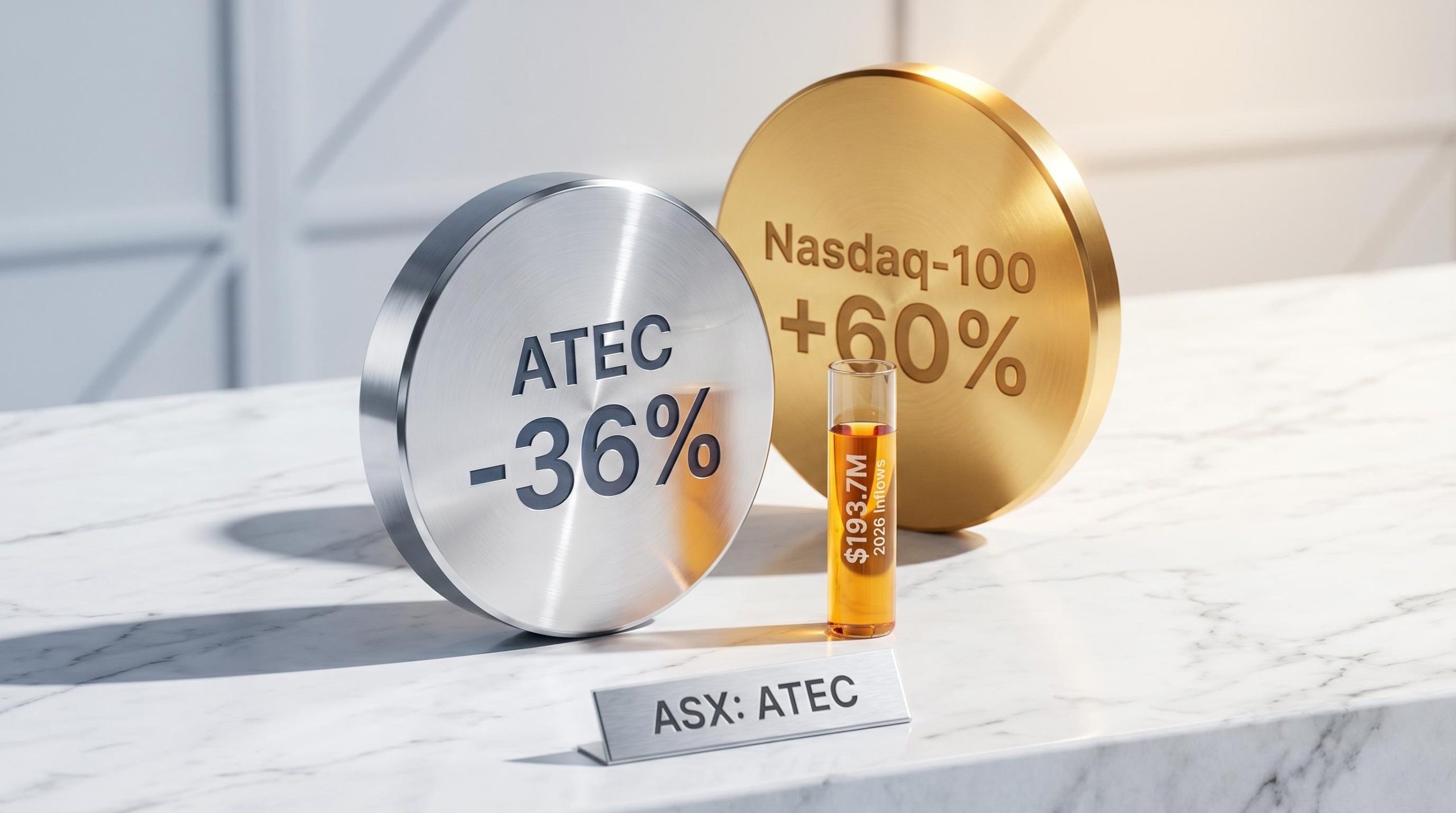 ATEC ETF chrome disc engraved -36% beside a gold Nasdaq-100 disc showing 60%, with $193.7M inflow cylinder