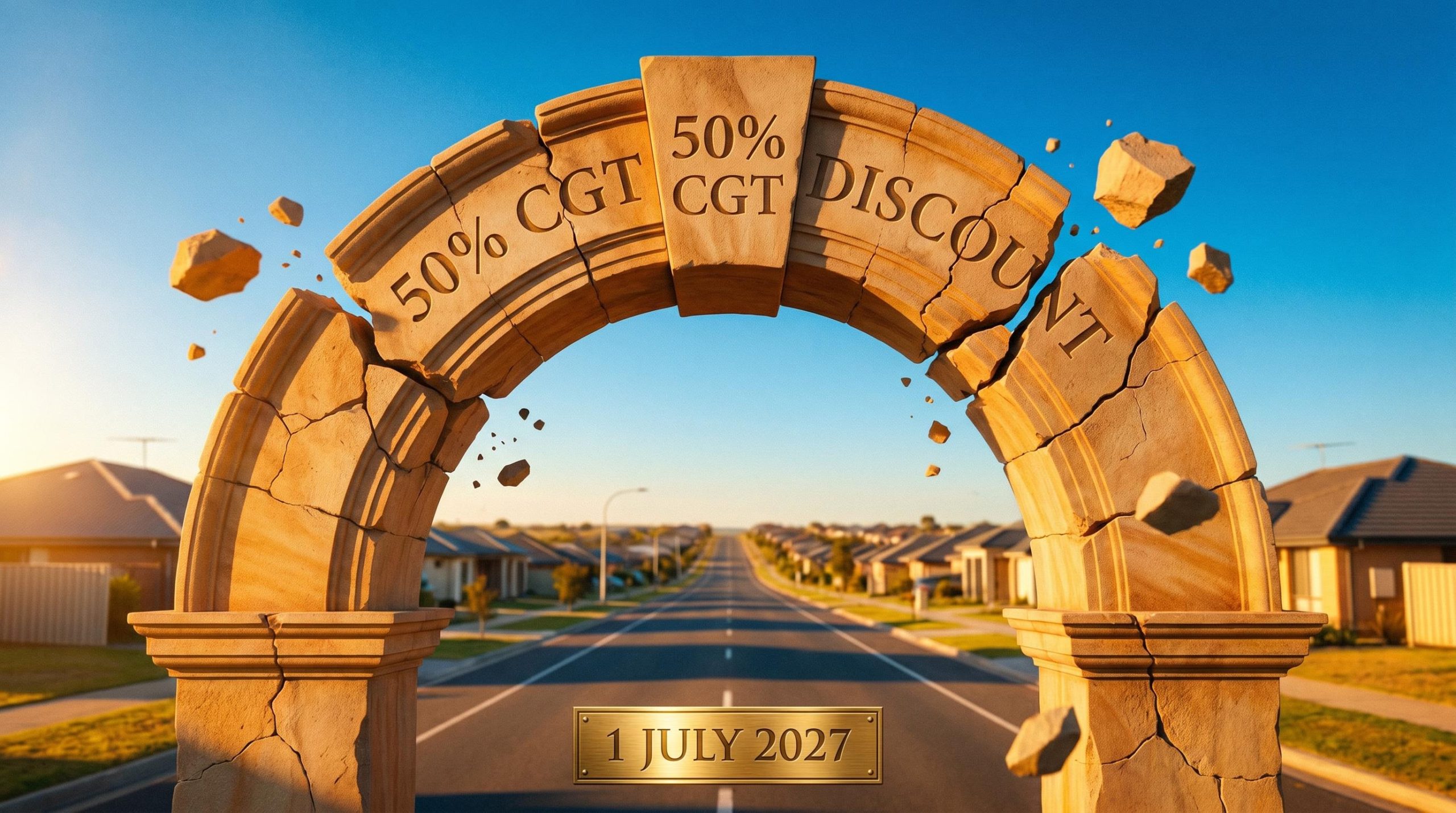 Crumbling sandstone arch engraved with "50% CGT DISCOUNT" revealing Australian suburban street, deadline "1 JULY 2027" at its base