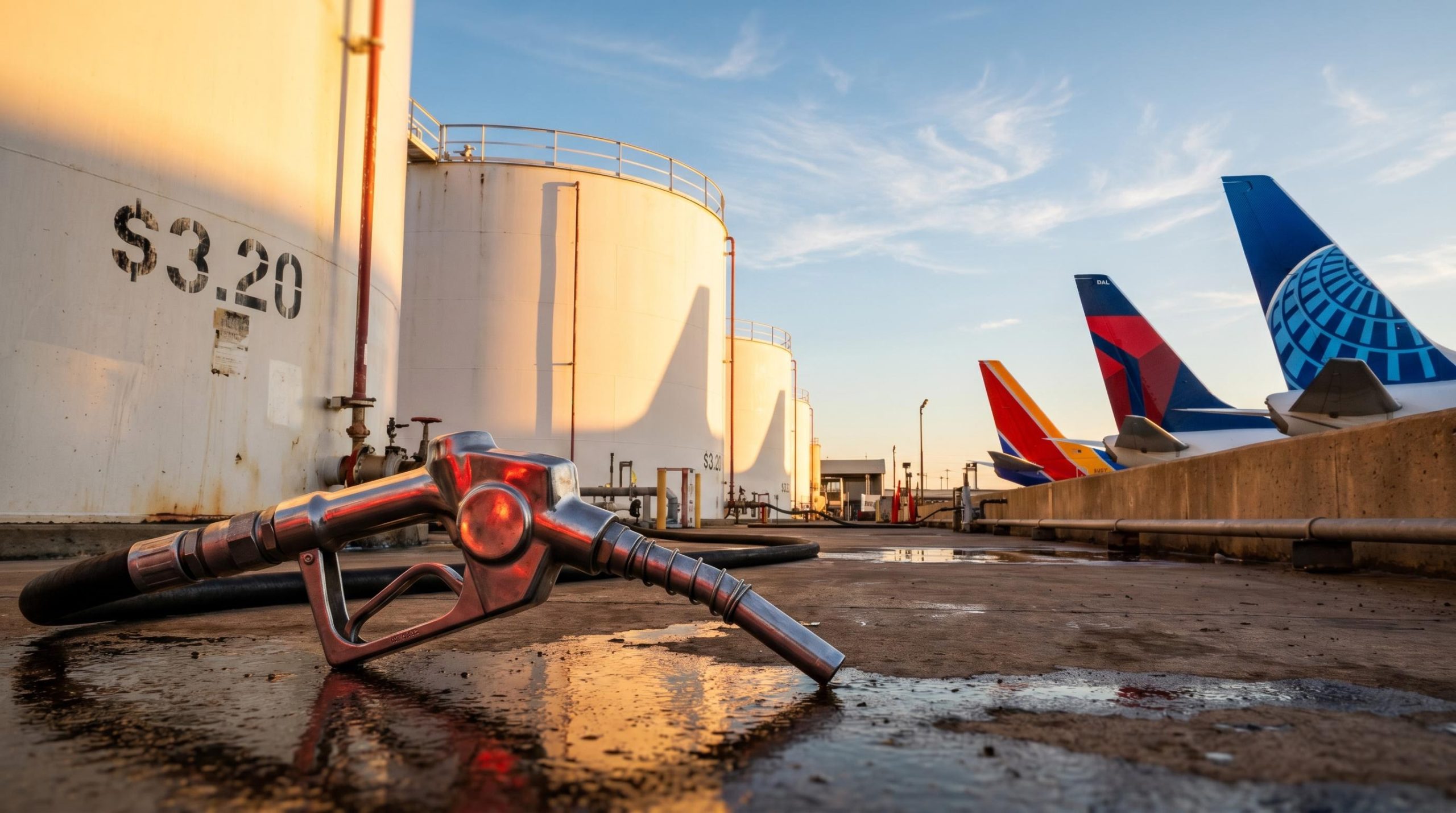 Jet fuel tanks at $3.20 per gallon with UAL, DAL and LUV tail fins showing airline stock pricing power divide