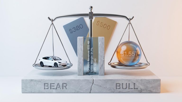 Tesla stock valuation scale weighing $1.55T market cap against Q1 2026 revenue of $22.4B in bull vs bear analysis