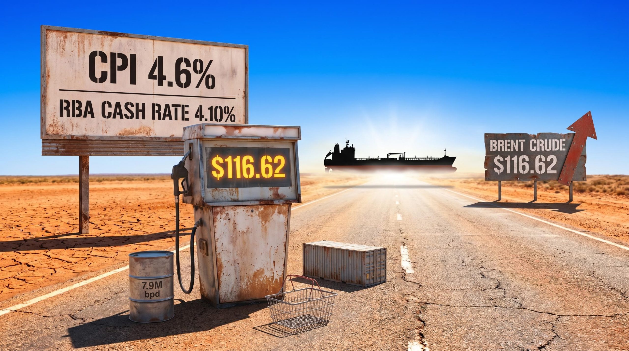 Australian petrol pump with CPI 4.6% and RBA rate 4.10% displayed amid Iran oil shock inflation investing strategy context
