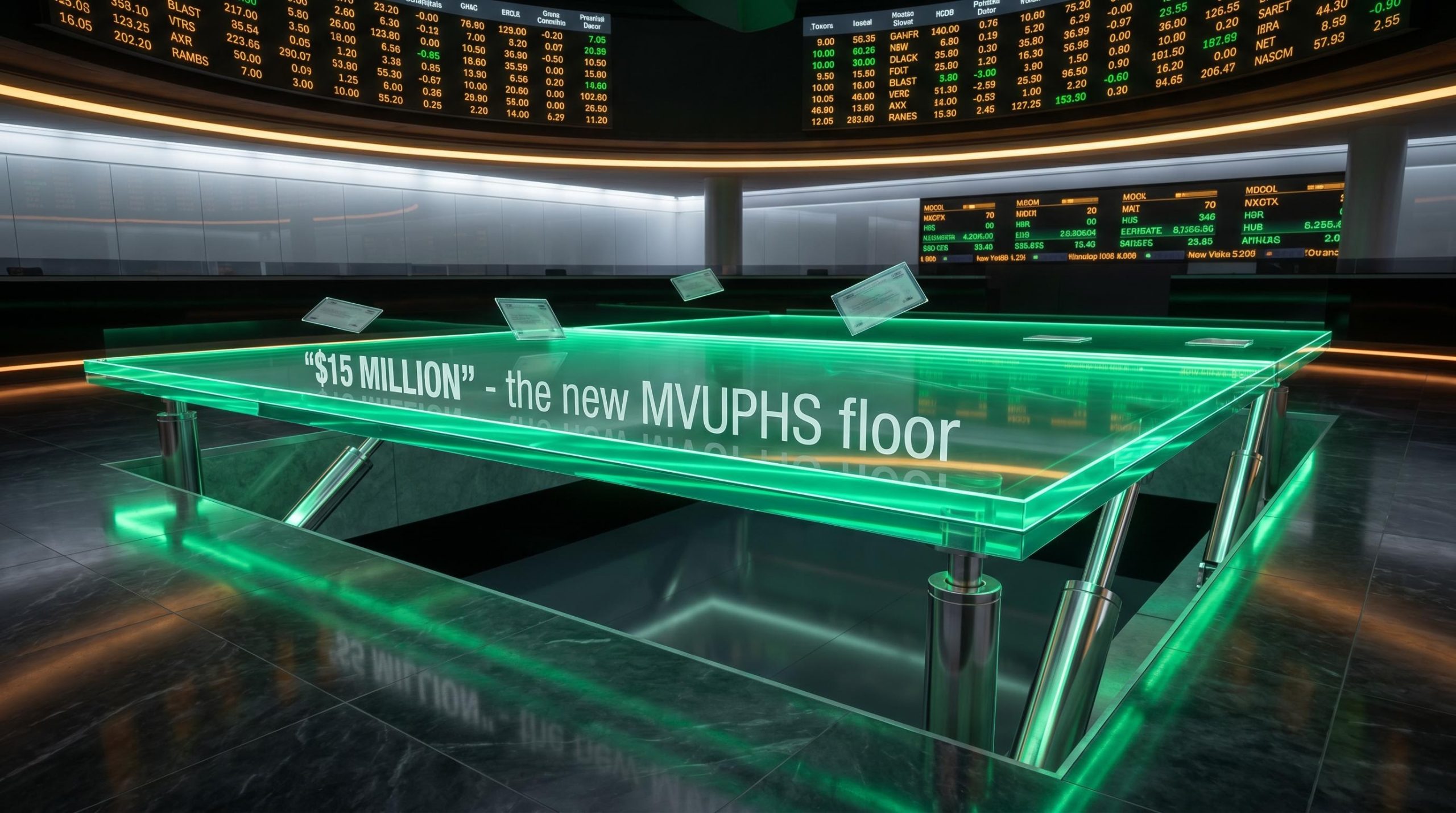 Glass trading floor rises to $15 million MVUPHS threshold, visualising Nasdaq's new float requirements for listings