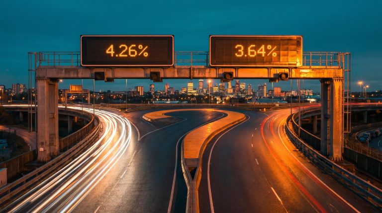 Toll gantry displaying 4.26% vs 3.64% yield figures as a dividend yield valuation concept visual
