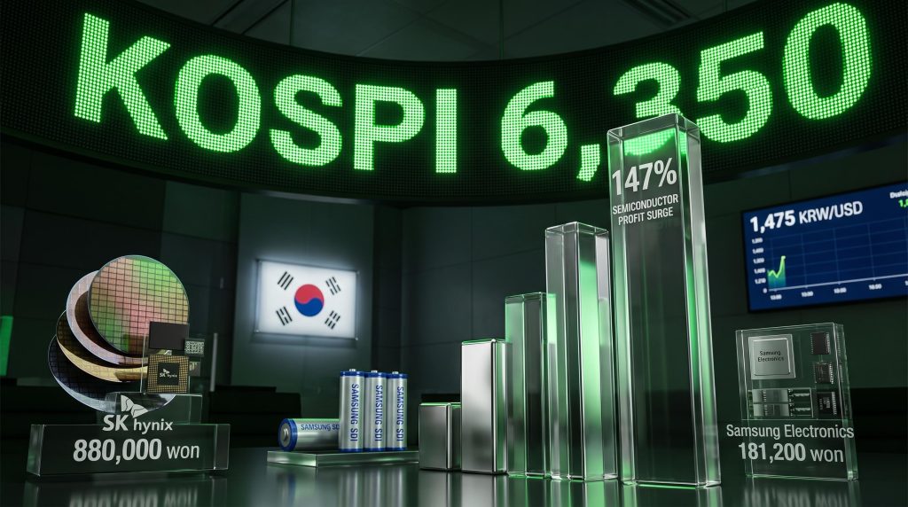 KOSPI trading board displaying 6,350 record high with semiconductor profit chart and SK Hynix Samsung stock prices