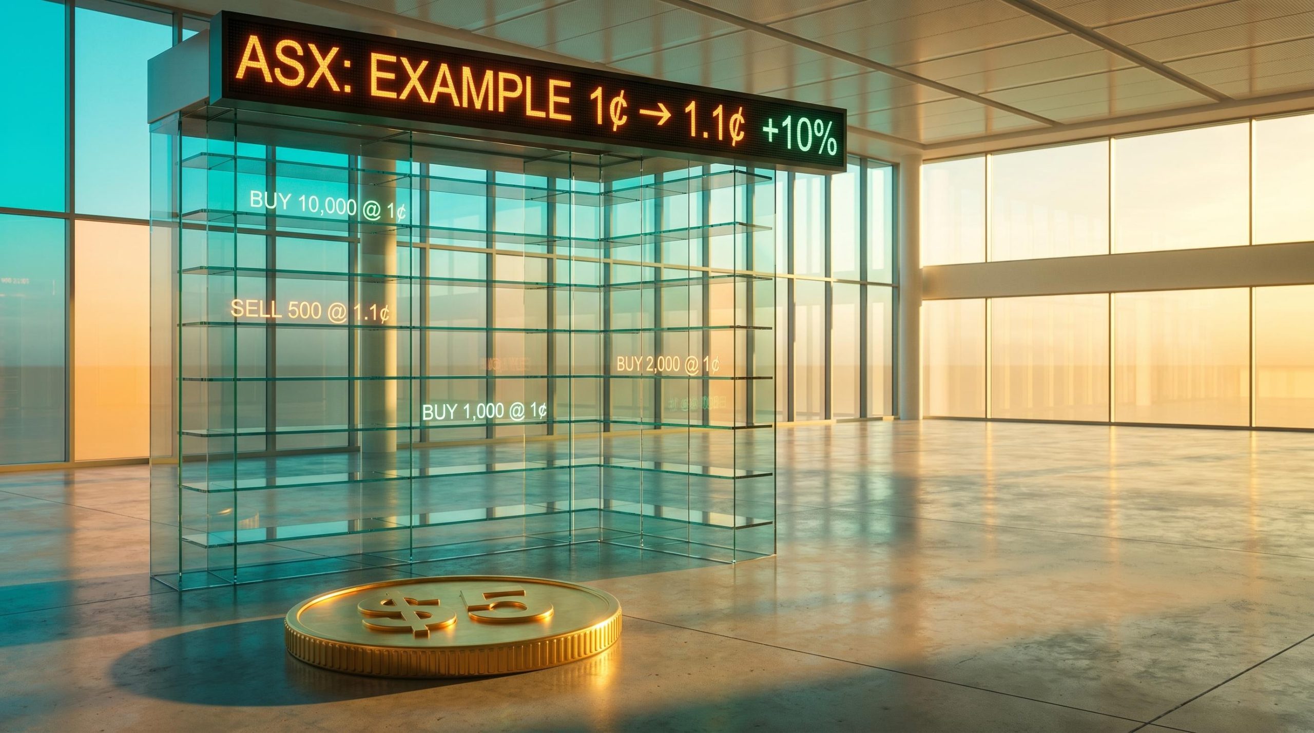 Giant empty ASX order book with a $5 coin driving a 1¢ to 1.1¢ price swing — small cap volatility explained