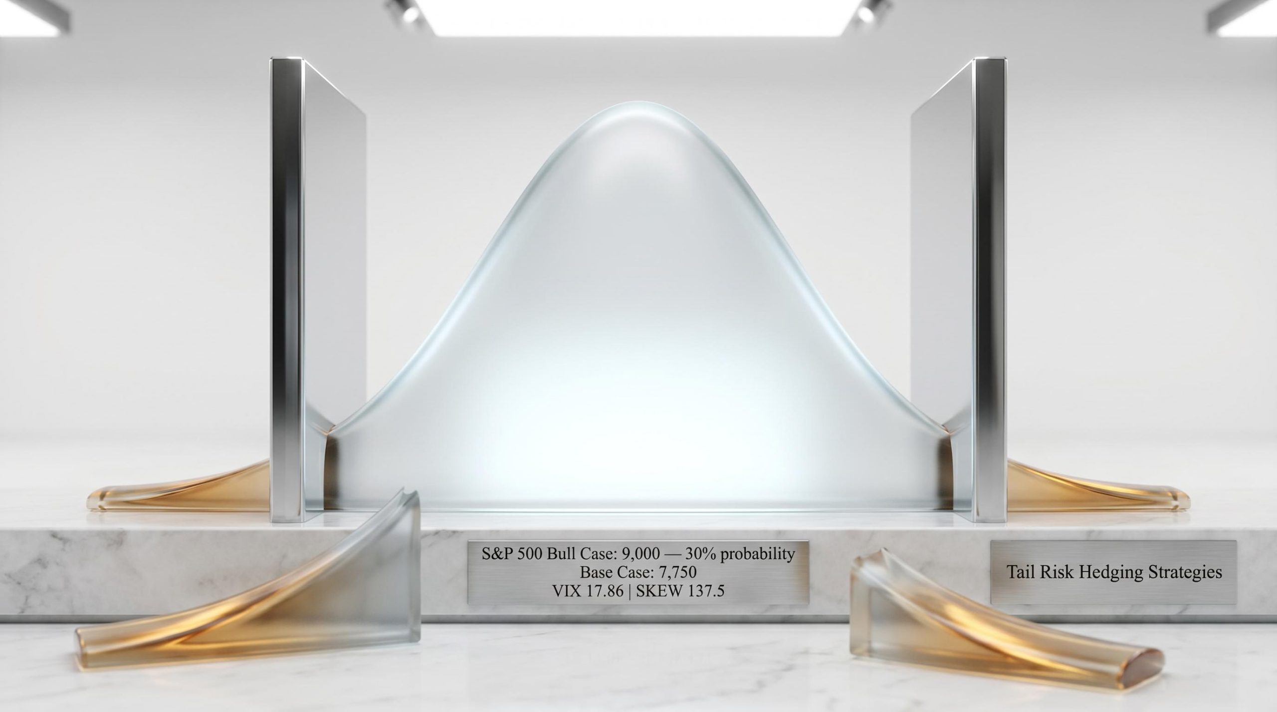 Frosted glass bell curve with tails severed by chrome walls, showing AI forecasting blind spots in tail risk hedging strategies