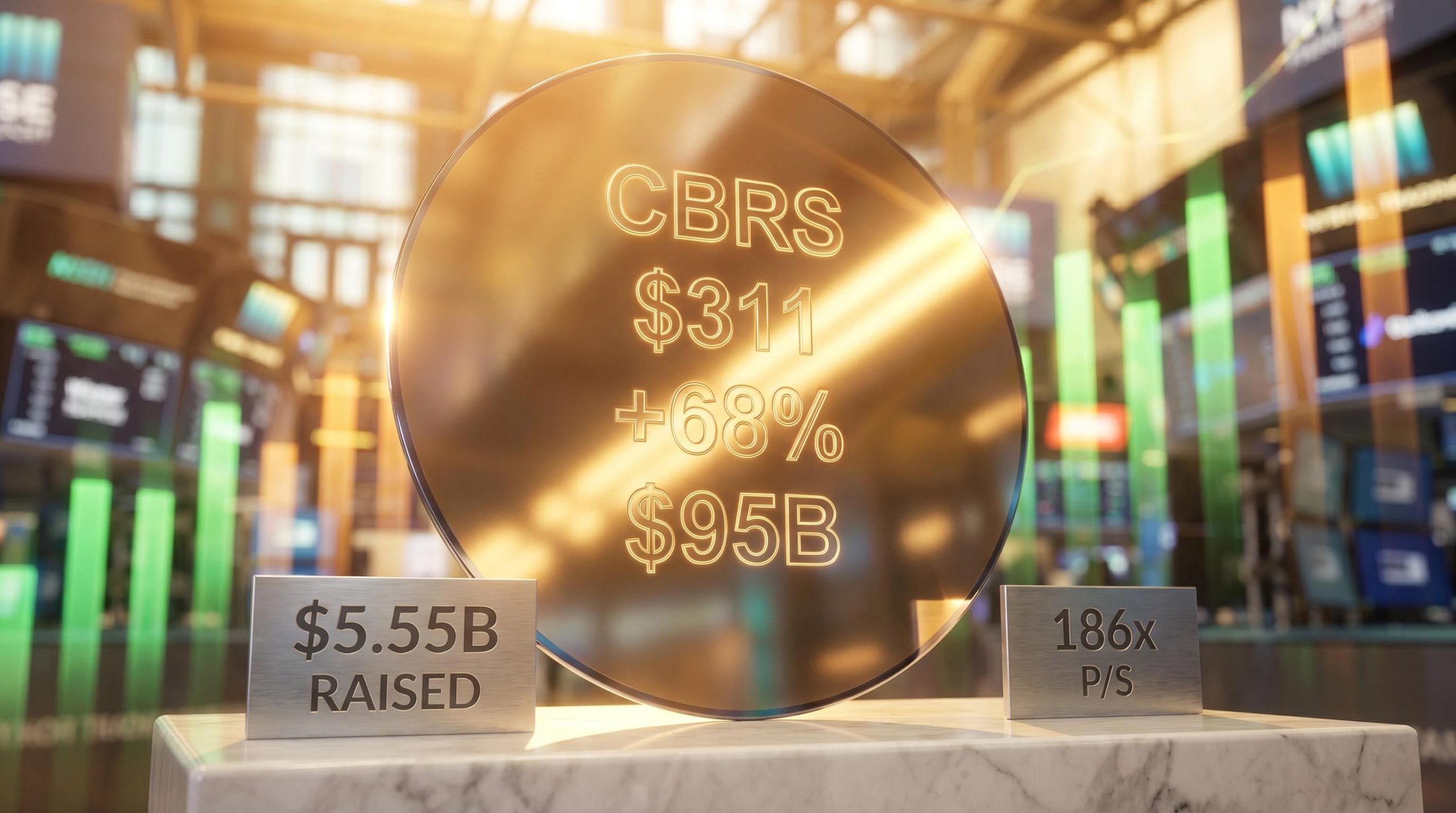 Cerebras IPO wafer monument etched with CBRS $311 68% $95B figures on debut day
