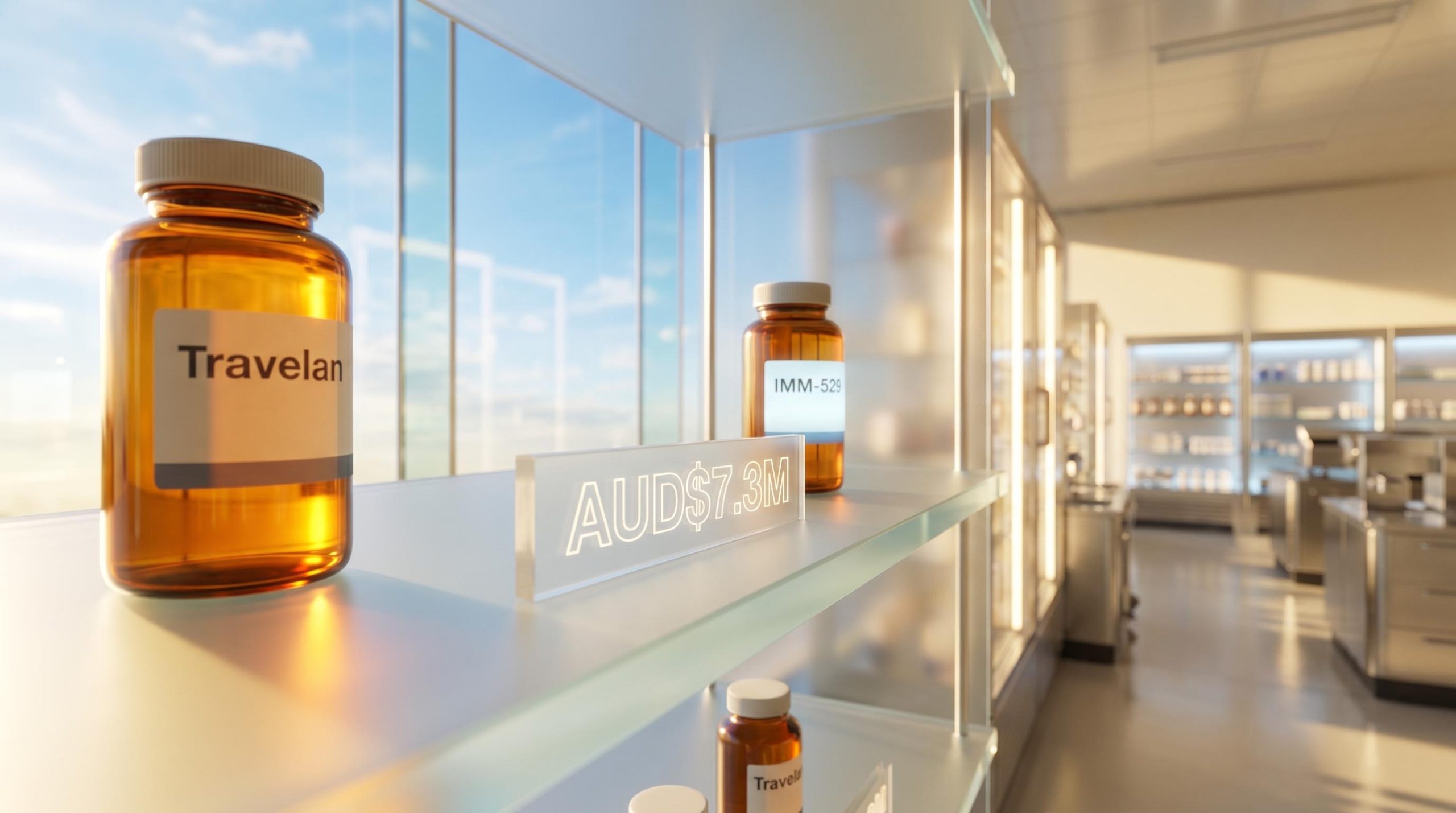 Immuron Travelan and IMM-529 bottles on glass shelf with AUD$7.3M revenue, ASX biotech differentiation explainer