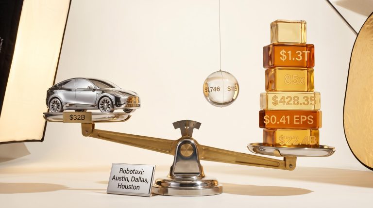 Tesla valuation scale balancing $32B auto core against $1.3T market cap for stock valuation analysis
