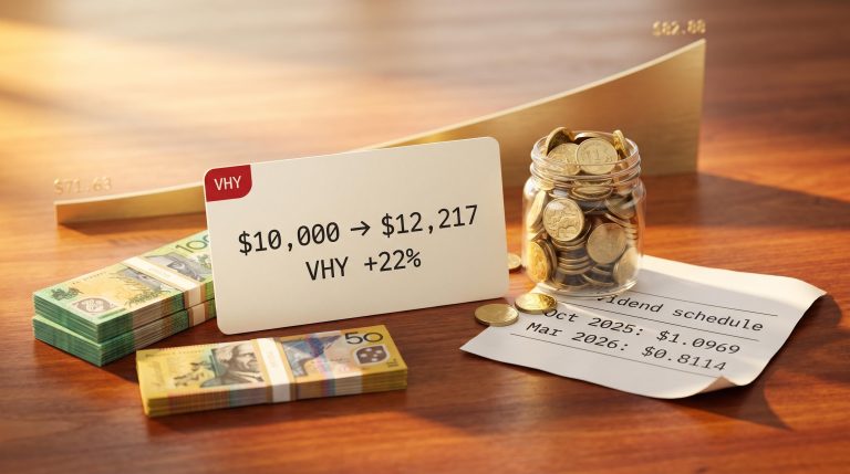 VHY ETF placard showing $10,000 growing to $12,217 with dividend income and unit price chart from $71.63 to $82.88