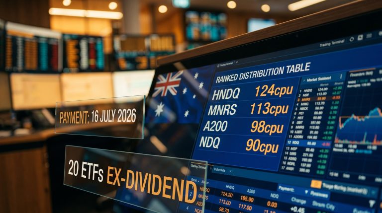 Betashares ETF distribution table with HNDQ at 124cpu and 20 ASX funds going ex-dividend for July 2026 payment