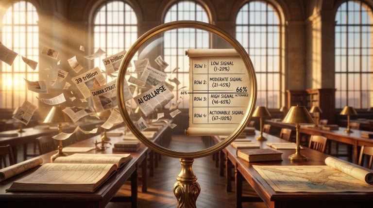 Surreal brass magnifying lens filters chaotic headlines into a clear probability framework for market risk assessment