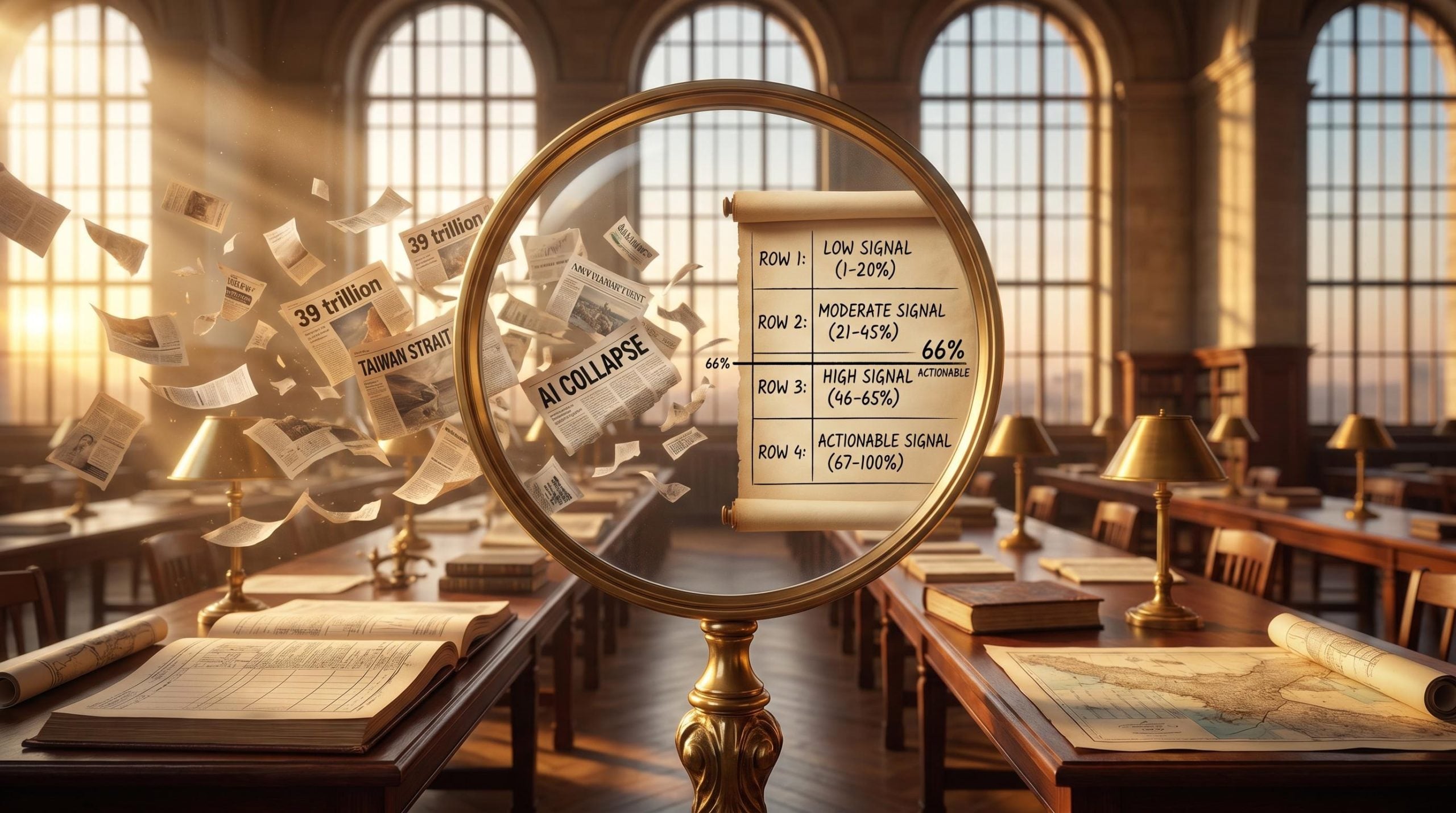 Surreal brass magnifying lens filters chaotic headlines into a clear probability framework for market risk assessment