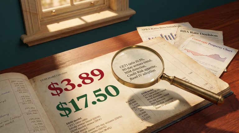 DDM valuation ledger showing $3.89 vs $17.50 range with qualitative checklist revealed beneath bank stock model