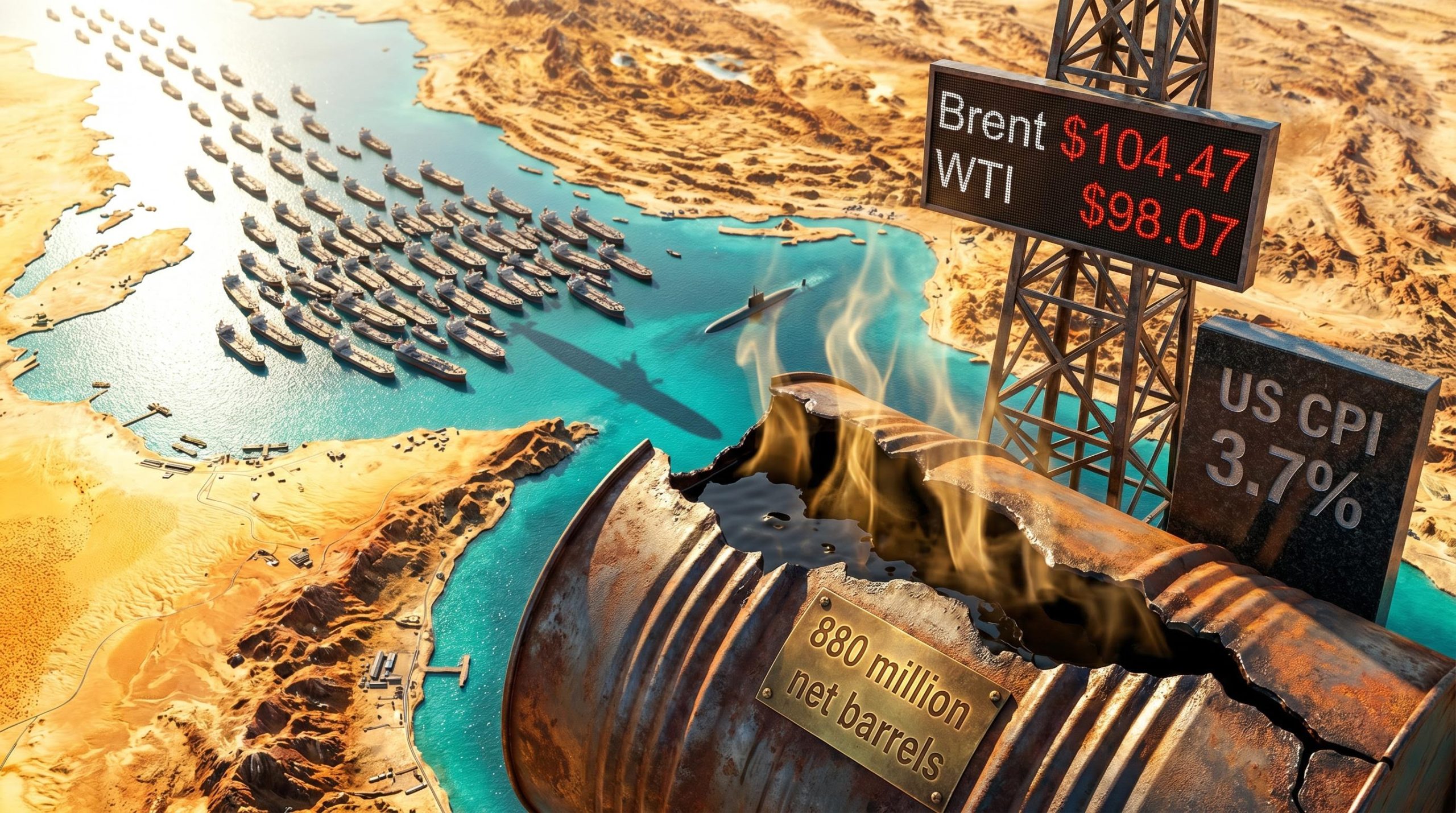 Hormuz Strait choked with 600 tankers, cracked oil barrel showing "880 million net barrels" and Brent "$104.47" amid oil supply crisis