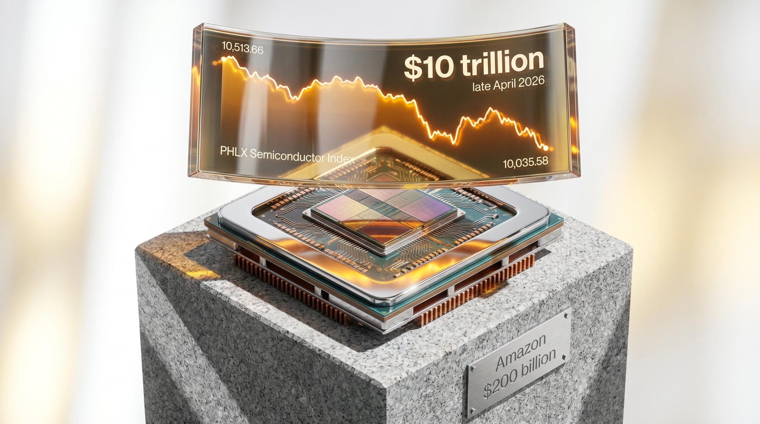 Chrome AI processor on a stone plinth with illuminated glass tickers showing a $10 trillion AI stock market valuation test.