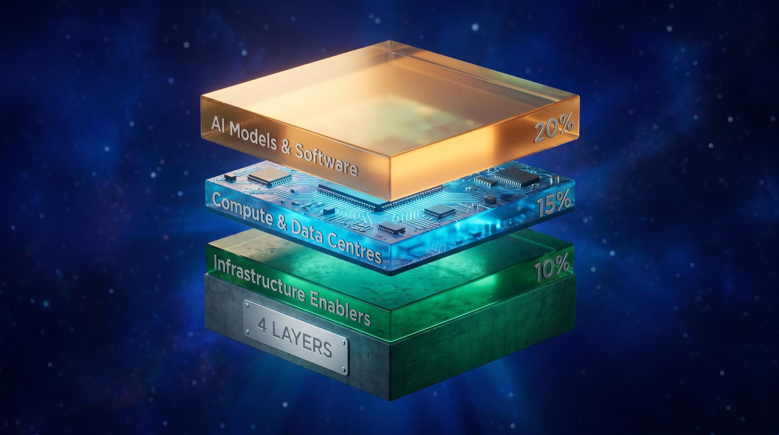 Four-layer AI ETF portfolio structure visualised as a glowing value chain stack spanning software, compute, and infrastructure