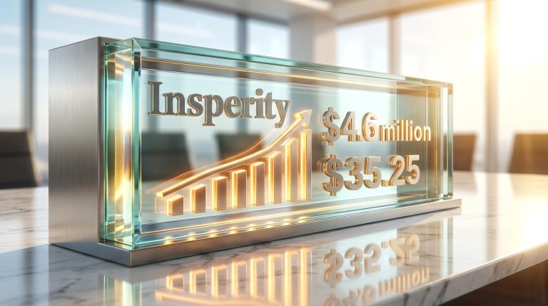 Glass boardroom display showing Insperity stock recovery to $35.25 and $4.6 million insider buy amid positive growth trends.