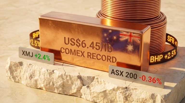 COMEX copper ingot stamped "US$6.45/lb" record high with ASX copper stocks XMJ 2.4% vs ASX 200 -0.36%