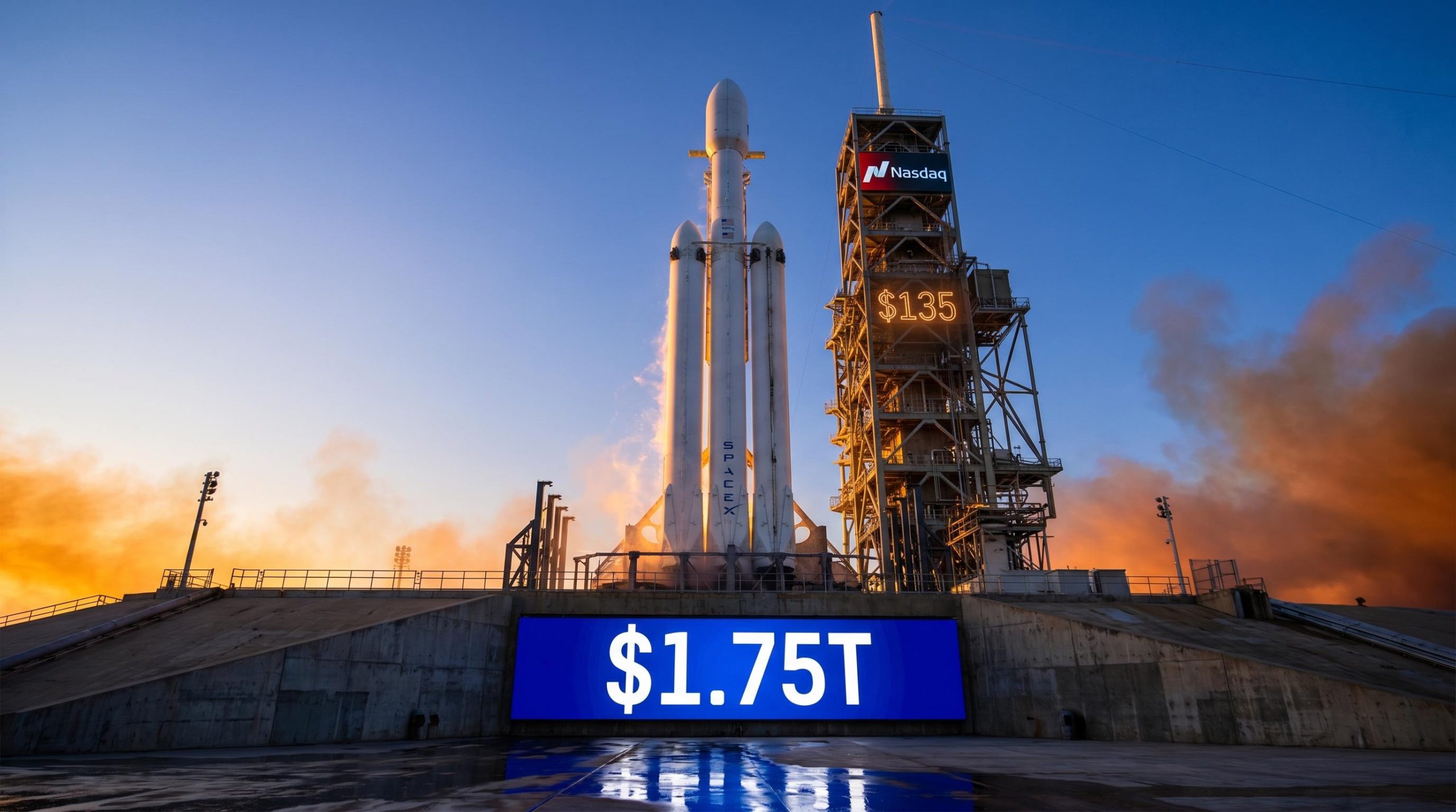 SpaceX Falcon Heavy on Nasdaq launch pad with $135 IPO price and $1.75T valuation displayed at first light