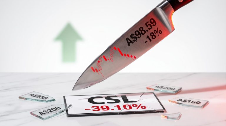 CSL shares falling knife chart showing A$98.59 crash and –18% single-day drop as catching a falling knife warning