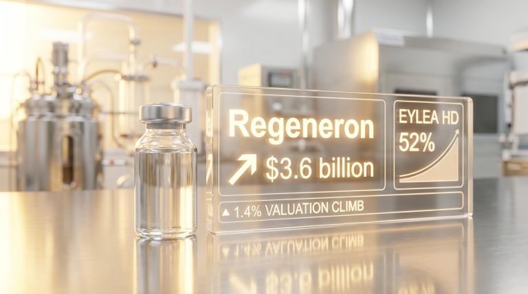 High-tech biotechnology facility display showing $3.6 billion Regeneron earnings revenue beat alongside Eylea HD growth data