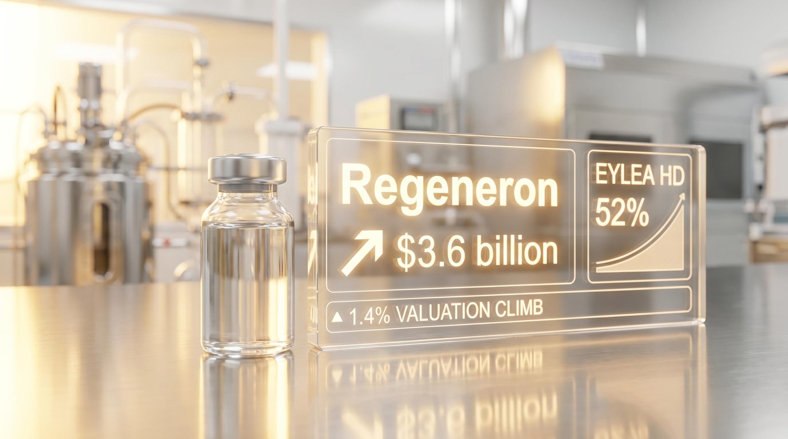 High-tech biotechnology facility display showing $3.6 billion Regeneron earnings revenue beat alongside Eylea HD growth data