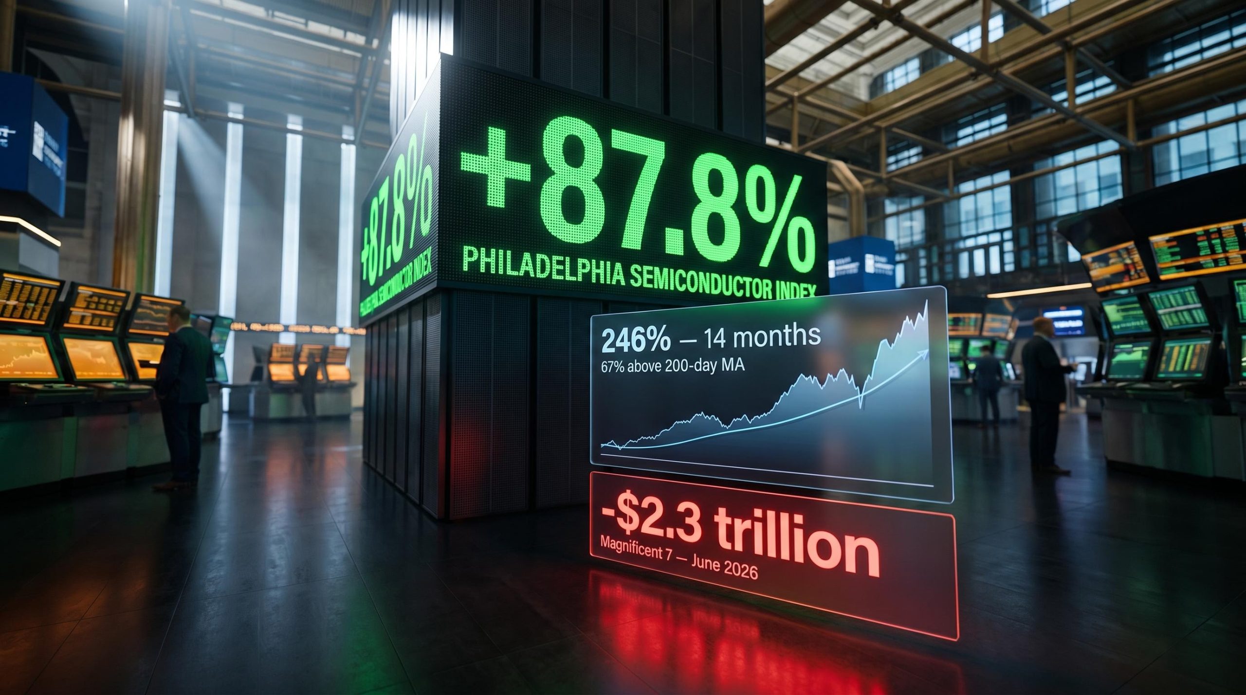 SOX 87.8% Q2 gain display against $2.3 trillion Magnificent 7 loss panel — semiconductor stocks analysis