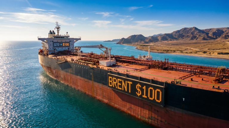 Supertanker stationary in the Strait of Hormuz with Brent crude price display as US-Iran deal markets react