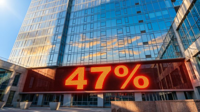 Australian market outlook shown via a glass residential skyscraper projecting a plunging 47% auction clearance rate