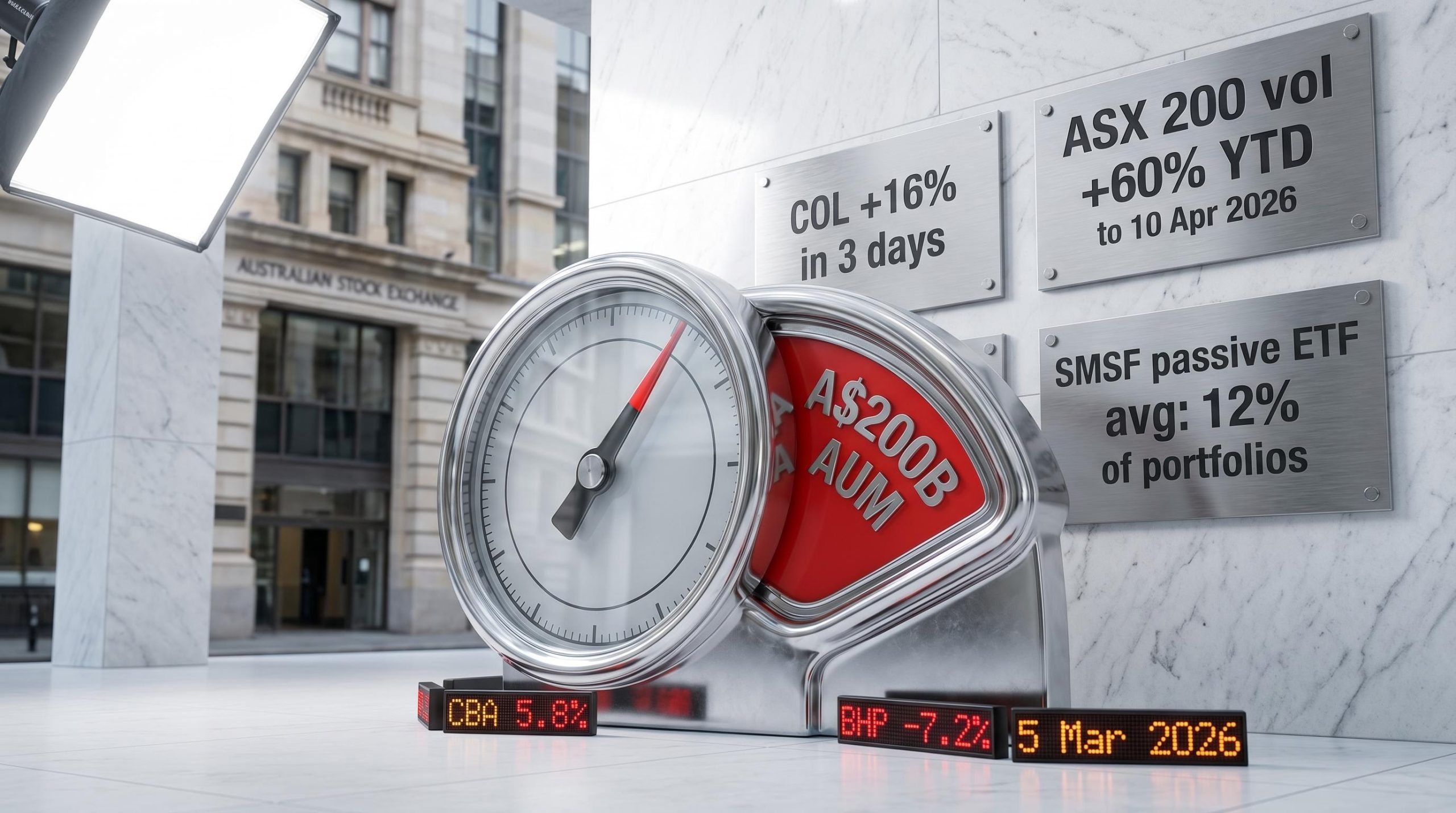 ASX volatility gauge showing passive investing market impact figures including A$200B ETF AUM and 60% vol surge