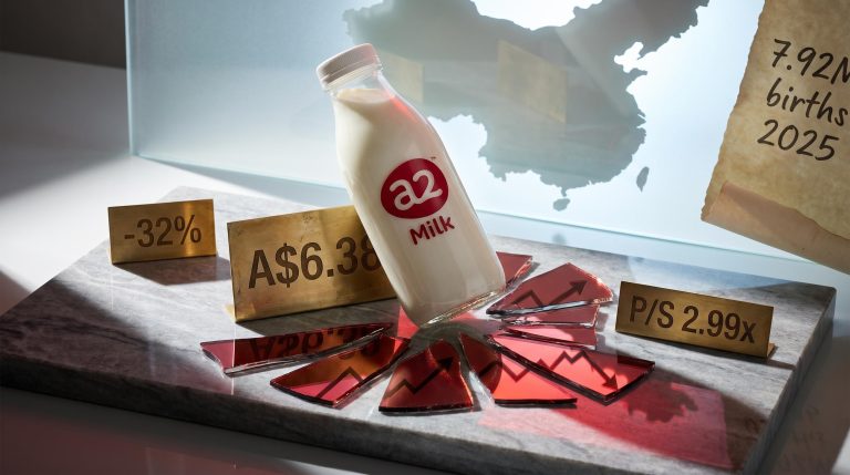 a2 Milk bottle beside etched placard showing A$6.38 and -32% amid cracked red mirror fragments and China demographic data
