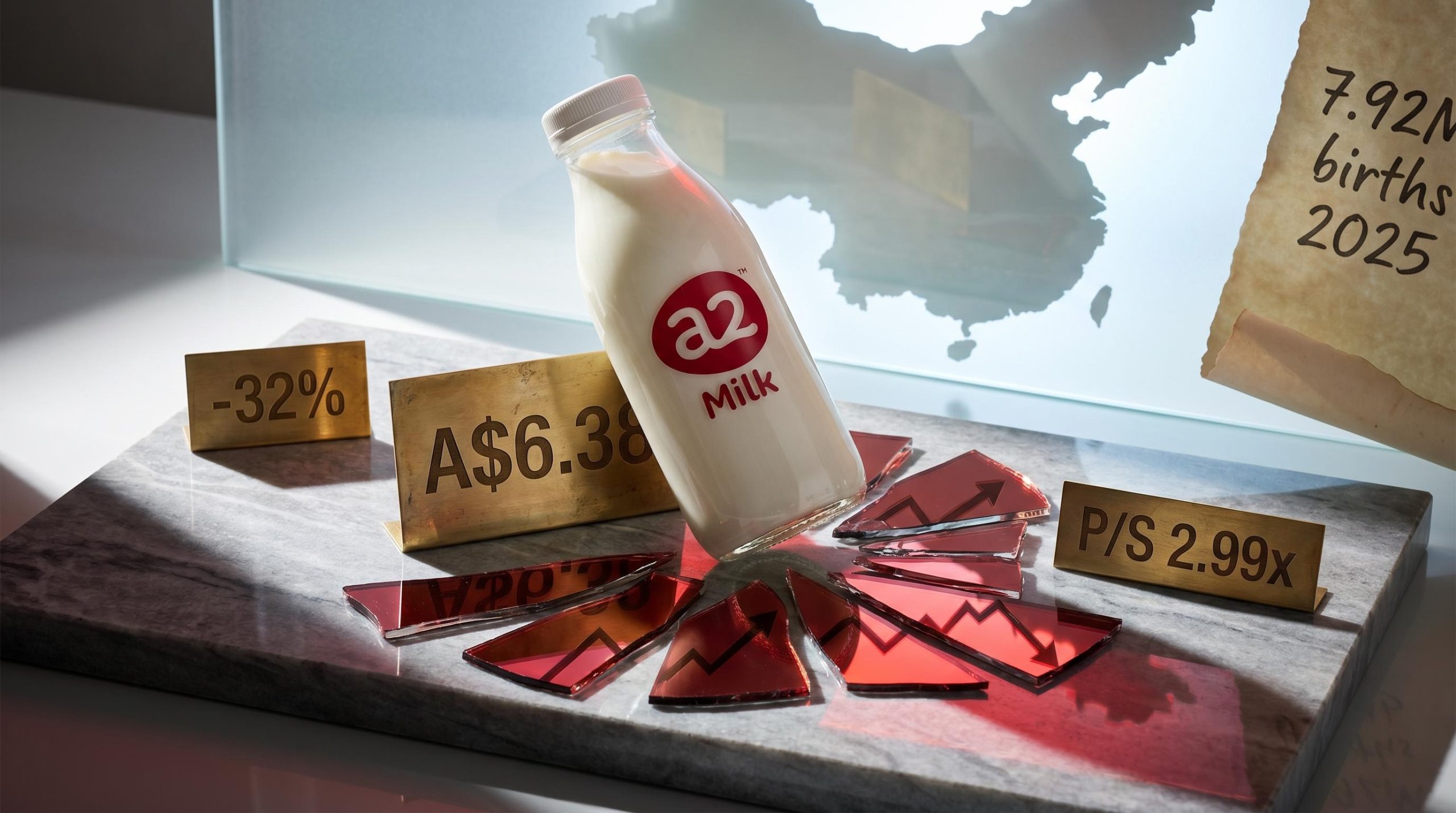 a2 Milk bottle beside etched placard showing A$6.38 and -32% amid cracked red mirror fragments and China demographic data