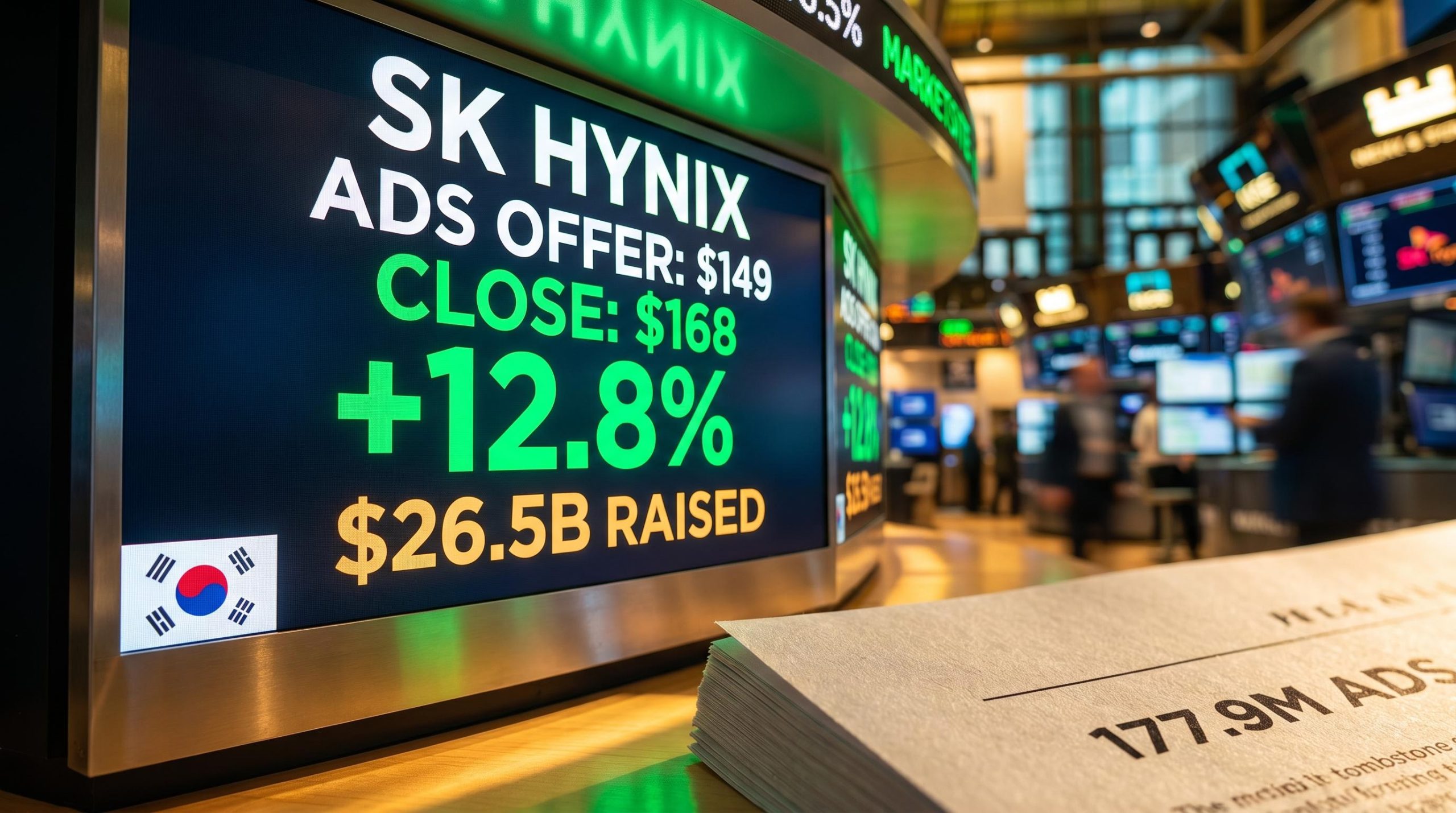 SK Hynix Nasdaq ticker showing $168 close and 12.8% first-day gain on record $26.5B US IPO