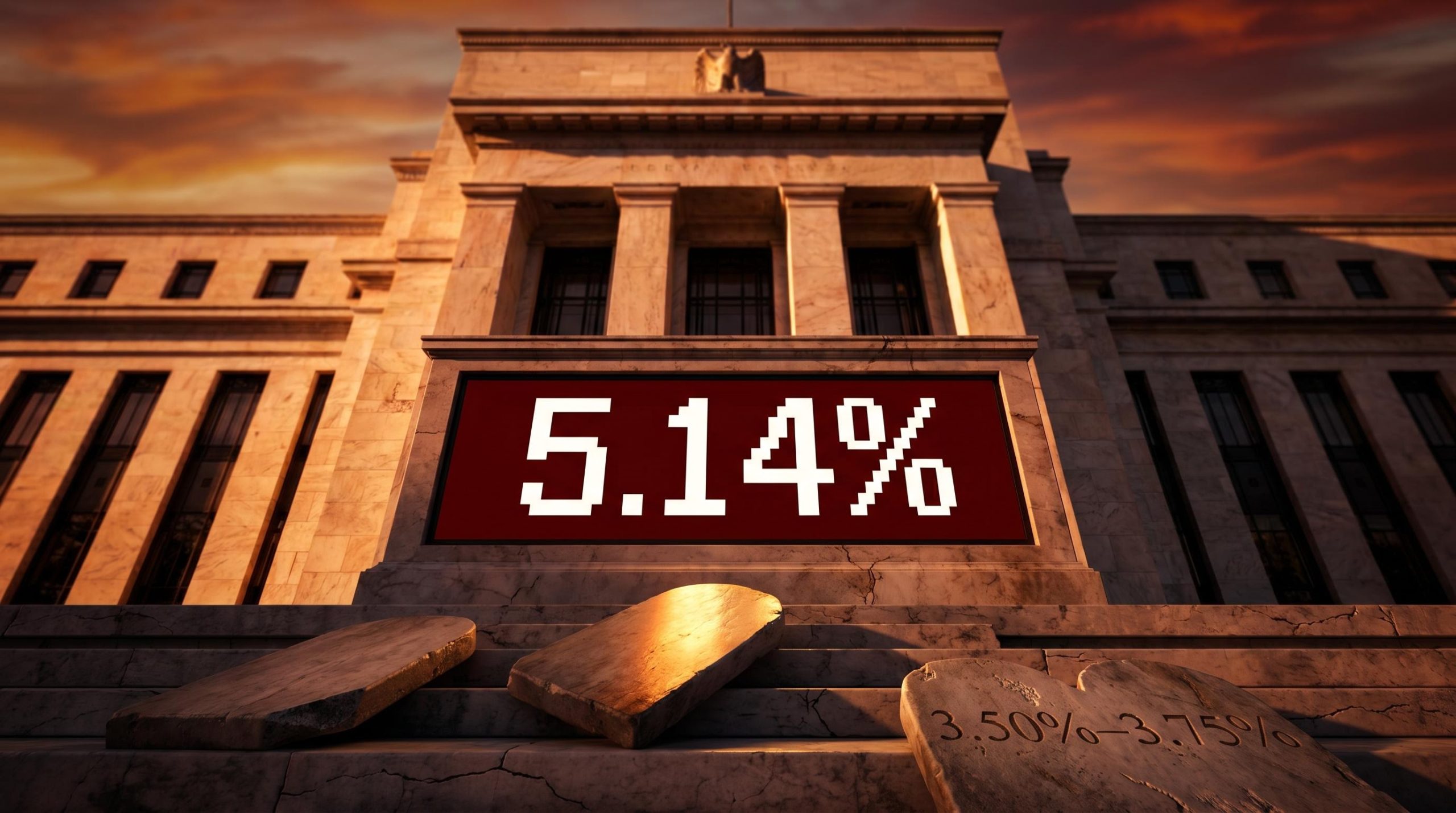 Fed building façade with "5.14%" yield display and four fractured stone tablets marking historic FOMC dissents