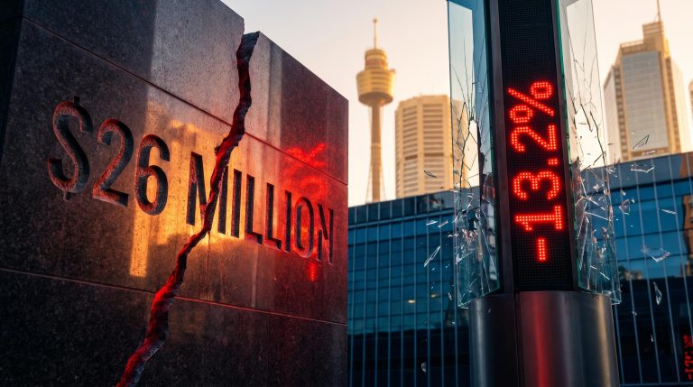 Cracked stone wall etched with "$26 million" beside shattered exchange ticker showing -13.2%, ASX Financials sector divergence