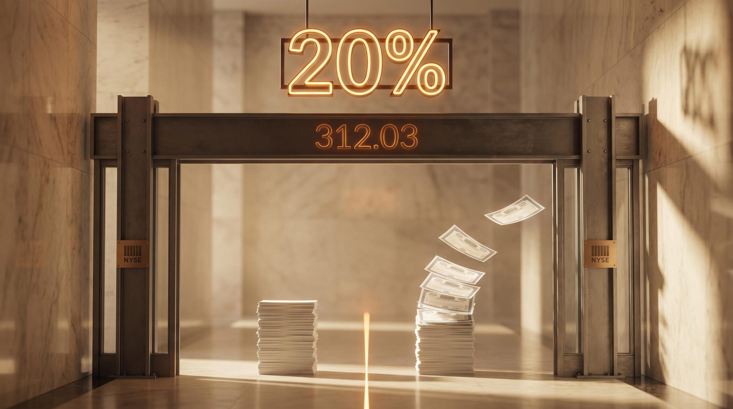 NYSE Rule 312.03 gate threshold with "20%" glowing above, share certificates crossing the shareholder-vote trigger line