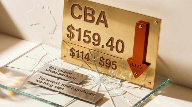 CBA stock analysis: brass display board showing $159.40 close, $114 Macquarie target and $95 technical scenario on cracked glass