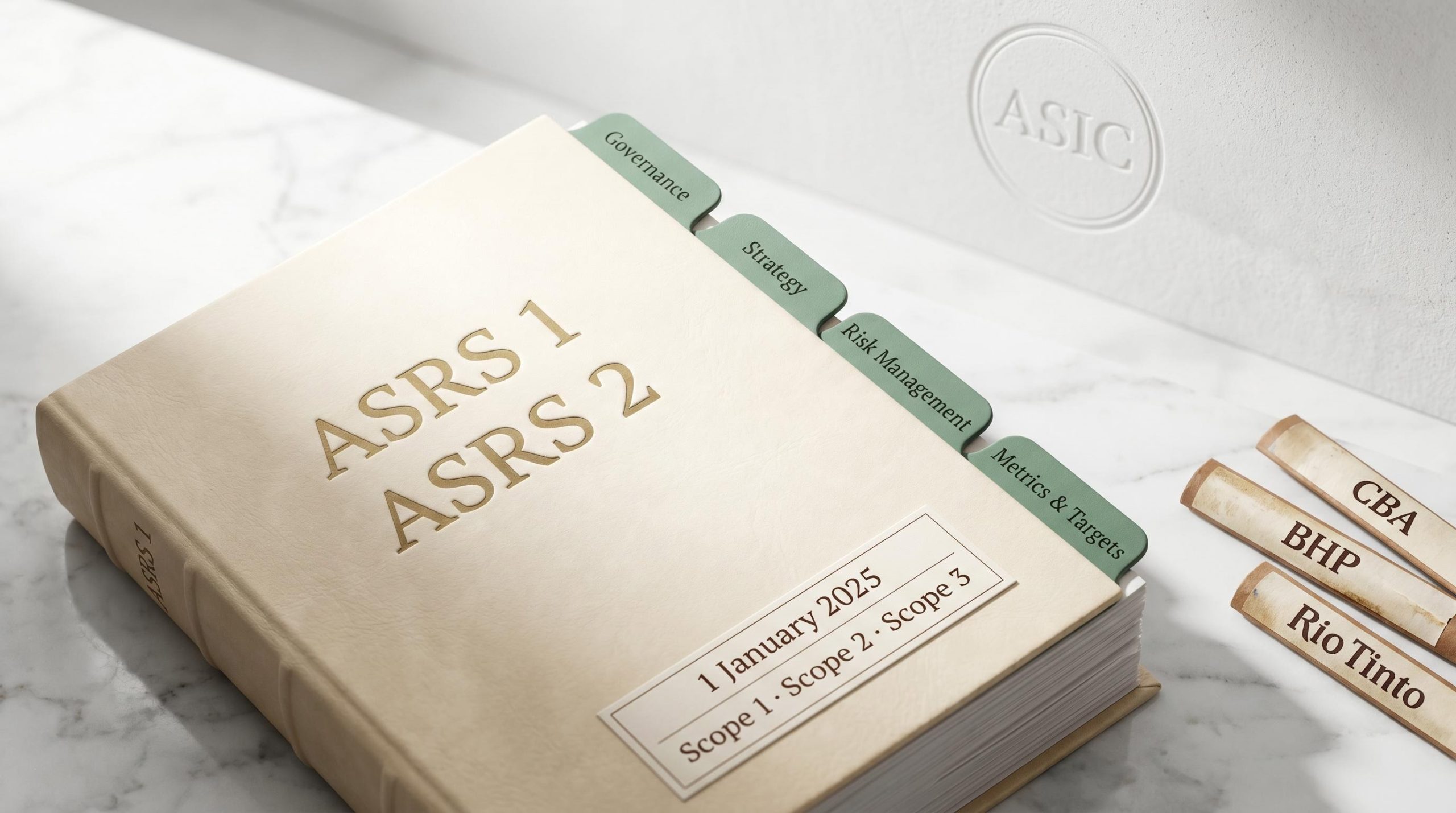 Australia's mandatory sustainability reporting framework under ASRS 1 and ASRS 2, showing the four ASIC-enforced disclosure pillars