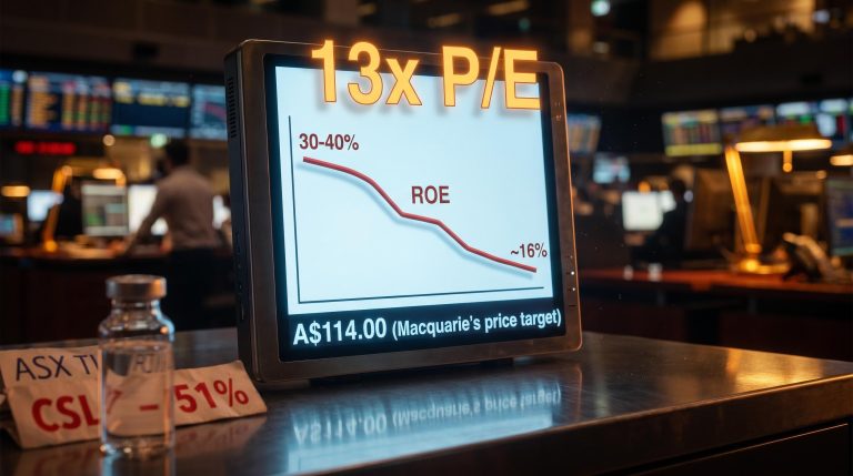CSL valuation screen showing 13x P/E and ROE decline to 16% with Macquarie A$114 target amid ASX derating