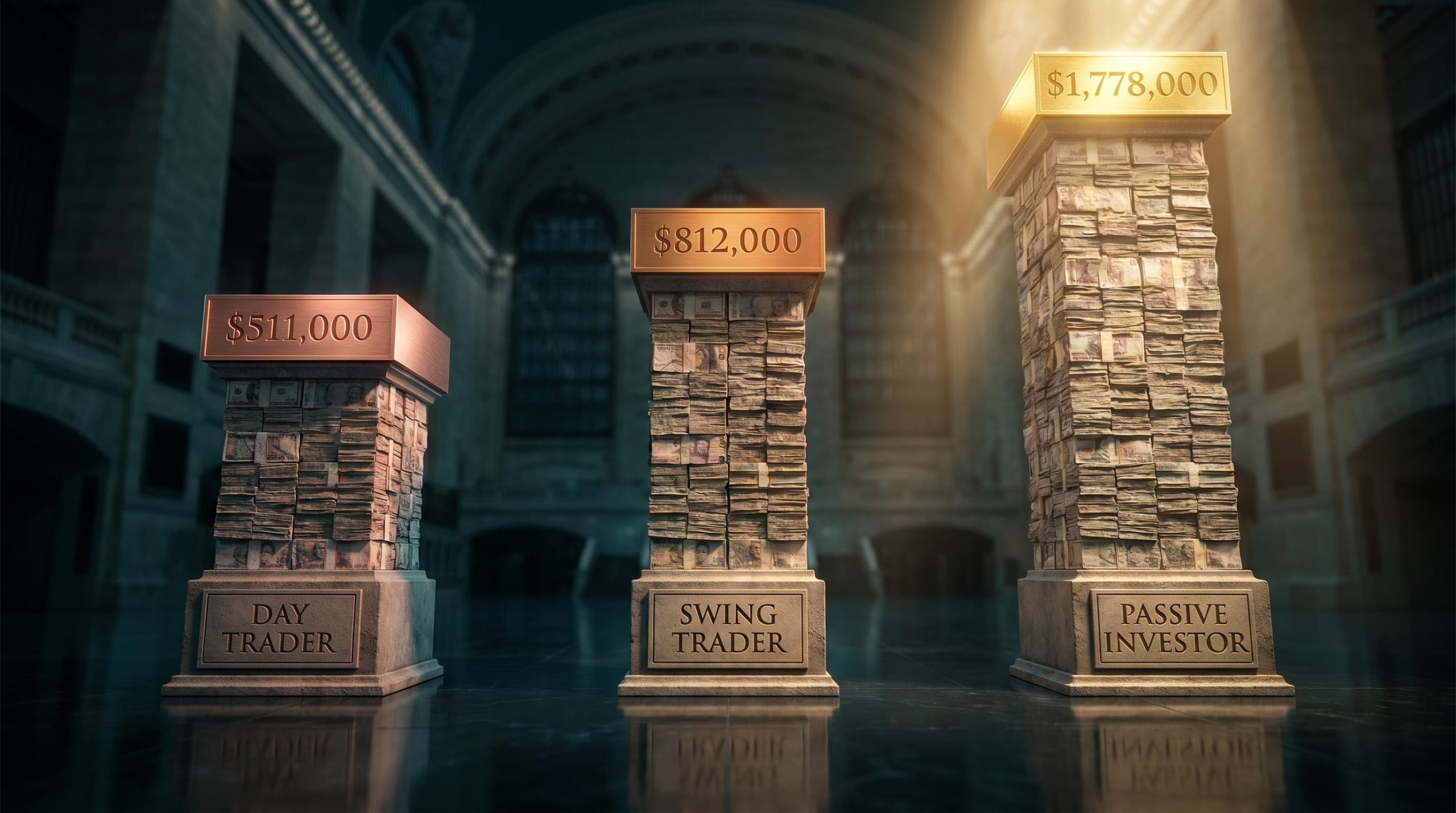 Three stone columns of starkly different heights show $1,778,000 vs $511,000 — day trading vs passive investing gap