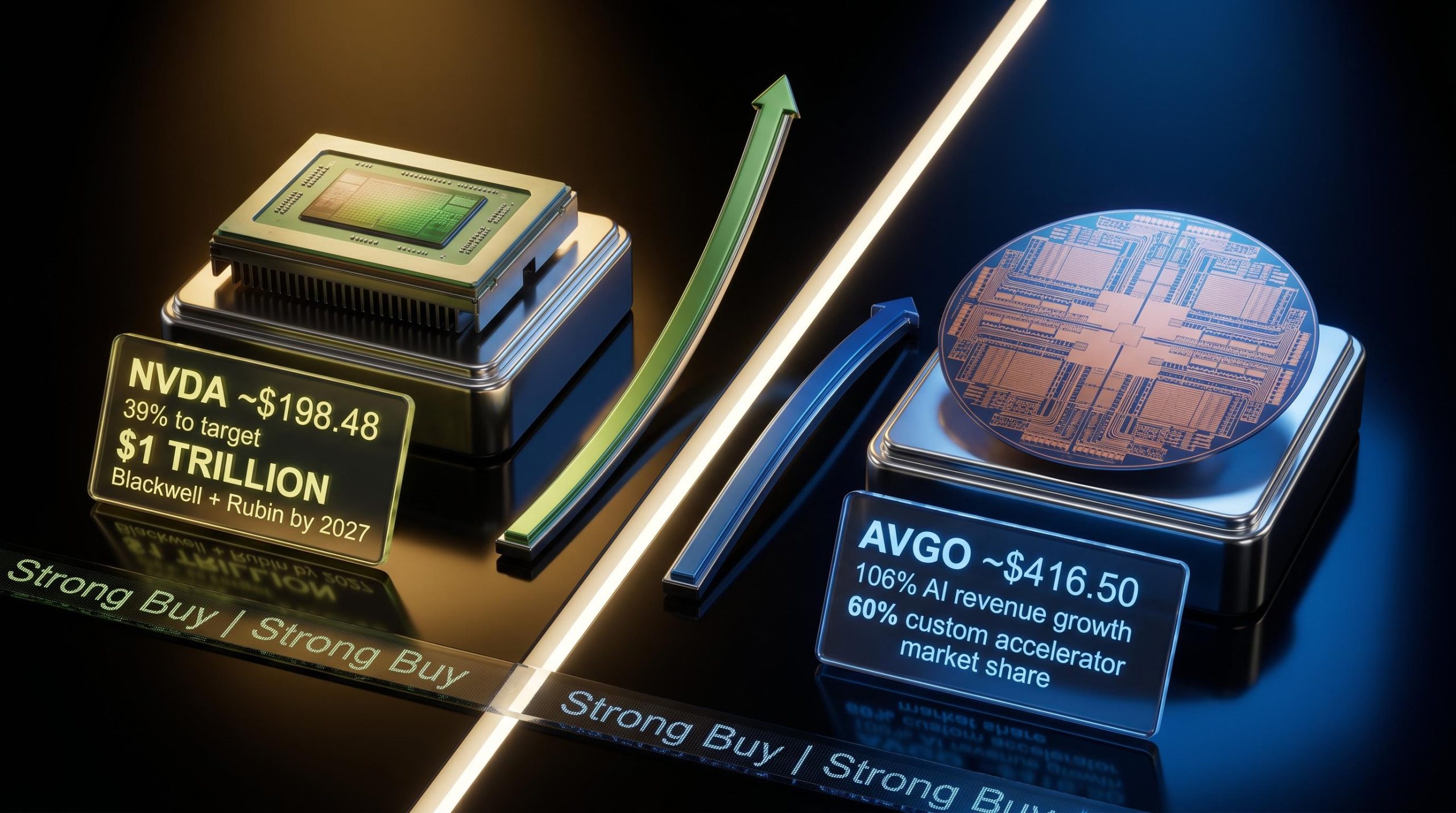 Nvidia GPU and Broadcom ASIC chips split-composition with NVDA 39% upside and AVGO 106% AI revenue growth targets