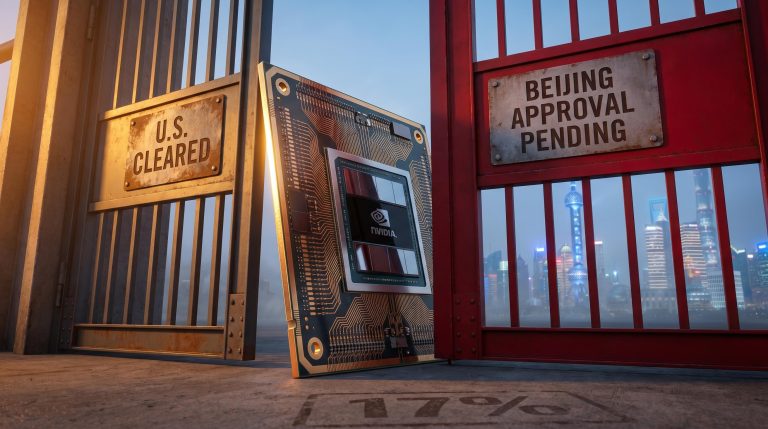 Nvidia H200 chip blocked between open US clearance gate and closed Beijing approval gate, with 17% revenue share marker